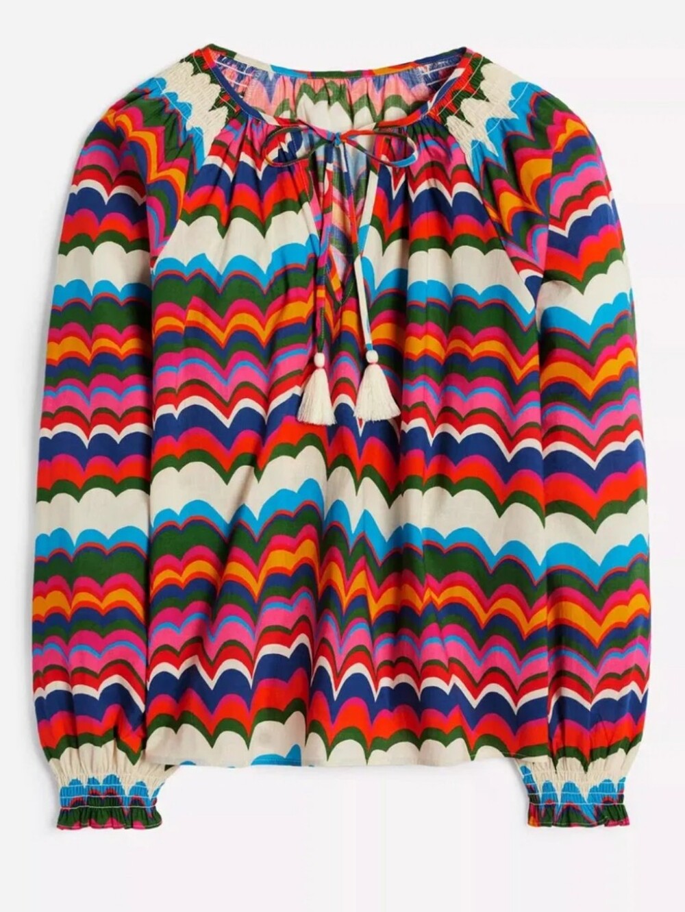 Boden Multicolor Cotton Wave Print Long Sleeve Tie Neck Blouse